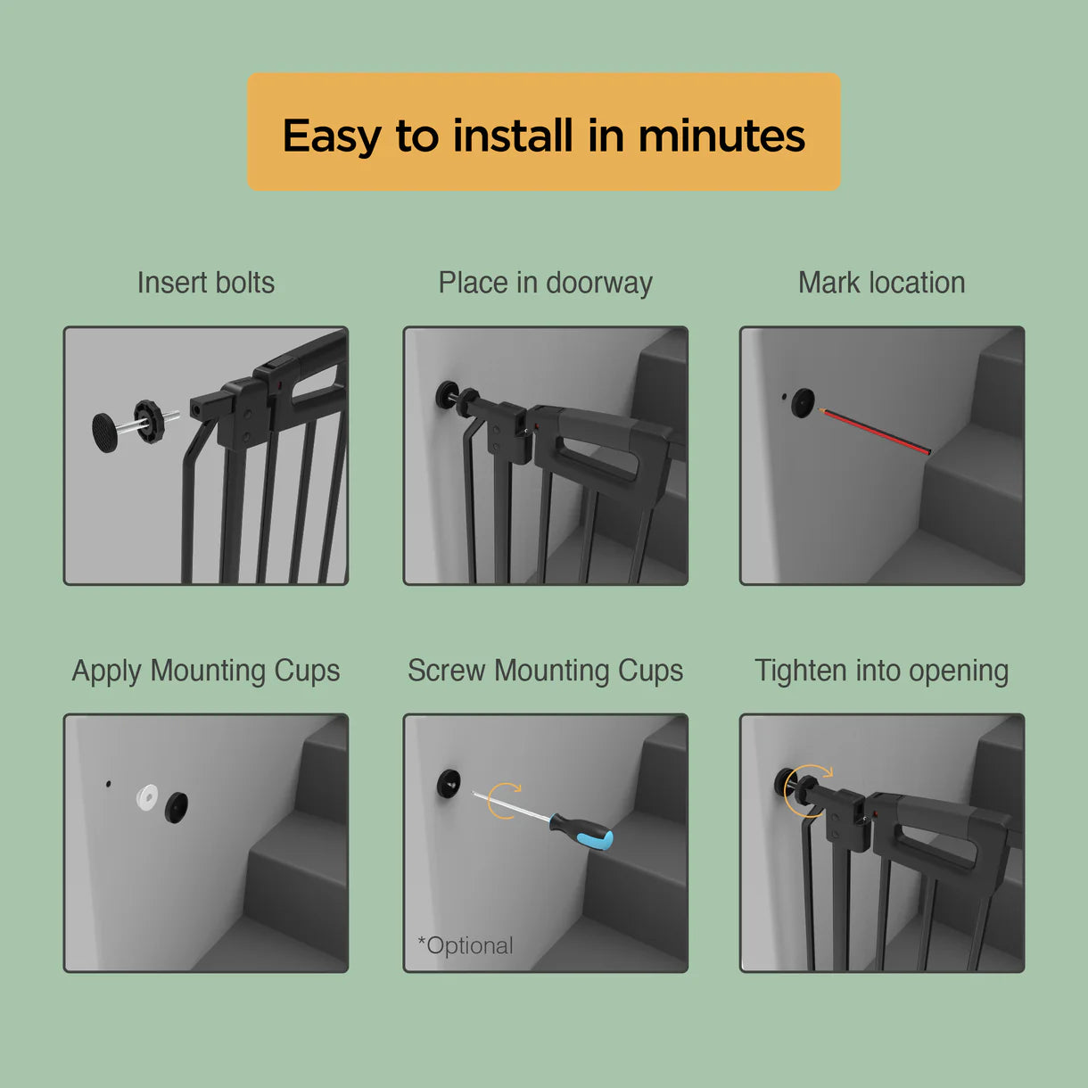 Step-by-step guide on how to install a safety gate with icons and text on a green background.