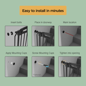 Step-by-step guide on how to install a safety gate with icons and text on a green background.