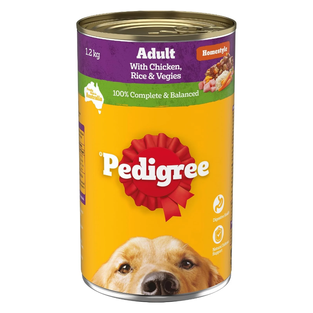 A 1.2 kg can of Pedigree Adult dog food with chicken, rice & vegies, featuring a bright yellow label with a red Pedigree ribbon logo and a golden retriever illustration.