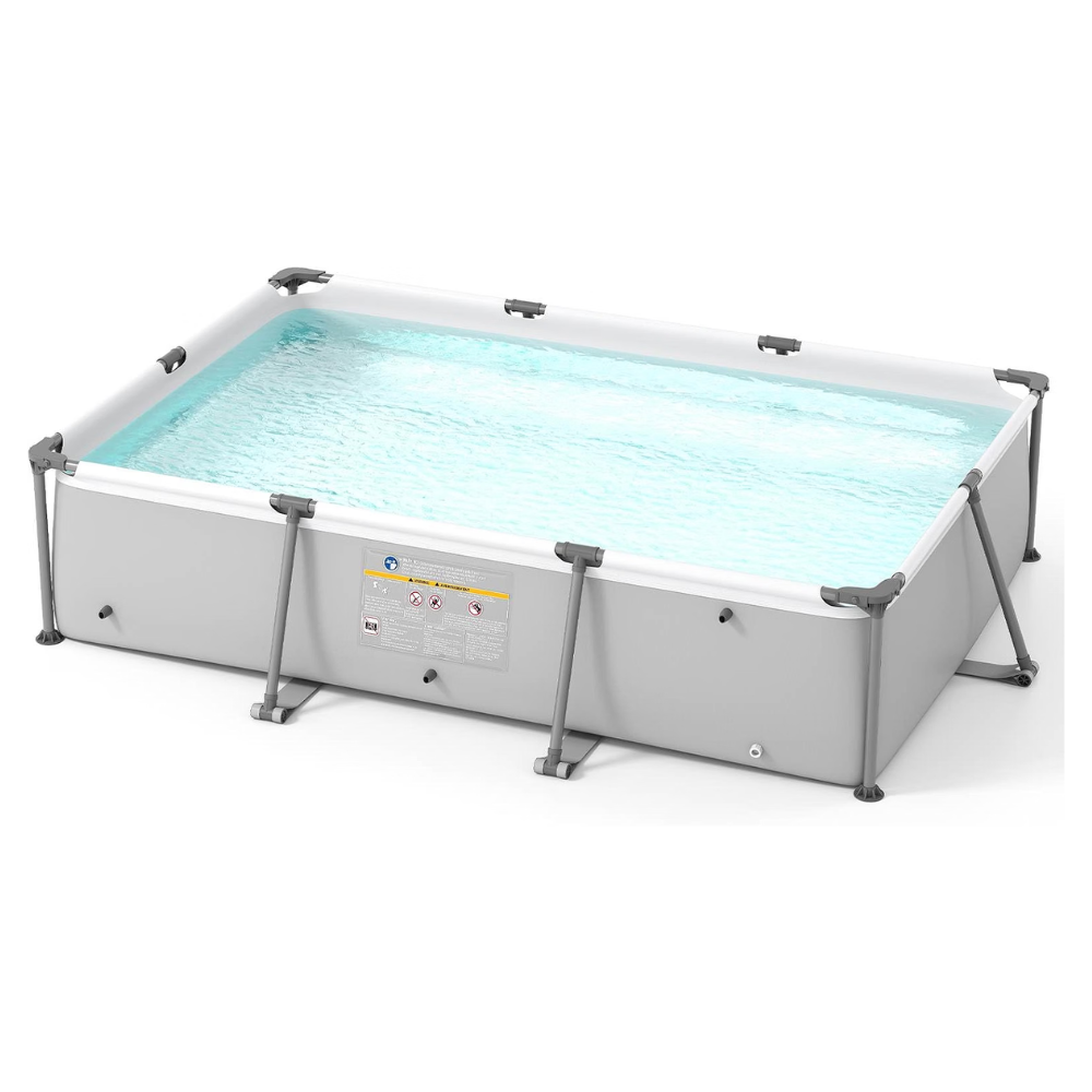 A rectangular above-ground swimming pool with a light gray frame, clear blue water, and a white liner, shown on a clean white background.