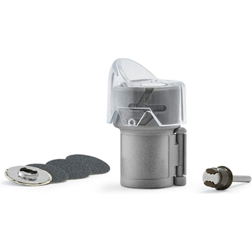 A gray and clear plastic cylindrical tool component with a transparent hinged cap, shown on a white background with three dark abrasive pads and a small metal bit placed beside it.
