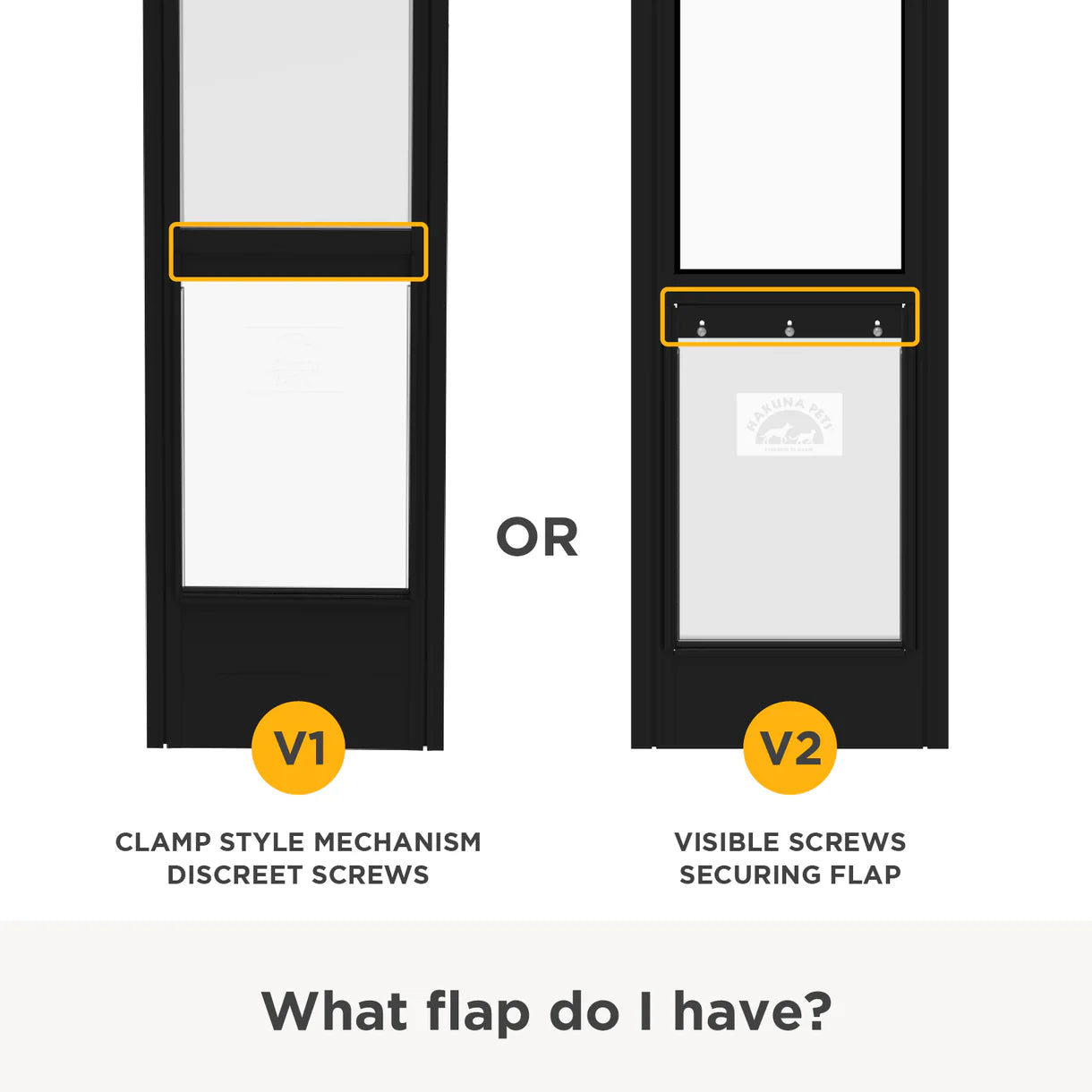 Two door flap designs with labels V1 and V2, showing different mechanisms.