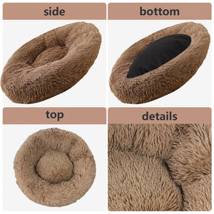 Four-panel product view of a plush pet bed in tan/brown, showing side, bottom, top, and close-up detail panels on a light background at Pet Servo