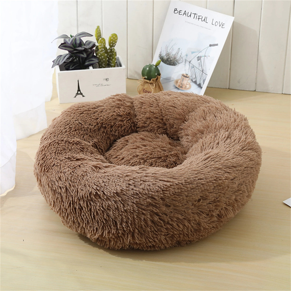 Pet Fantastic - Pet Dog Bed Bedding Warm Plush Round Soft Dog Nest Light Coffee at Pet Servo