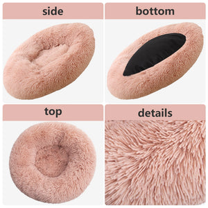 Four-panel product detail collage showing a fluffy donut-shaped pet bed from the side, bottom, top, and close-up details. The bed is light blush pink with a black interior lining visible in the bottom view at Pet Servo