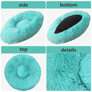 Four-panel product view of a fluffy pet bed in aqua/turquoise. The top row shows side and bottom views, with the bottom panel showing a black cushion insert; the bottom row shows a top view and a close-up details panel at Pet Servo