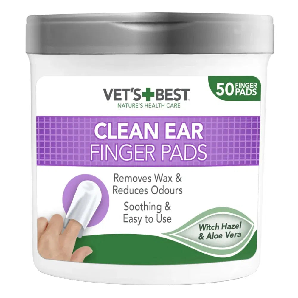 Vet's Best Clean Ear Finger Pads container with label on a white background at Pet Servo