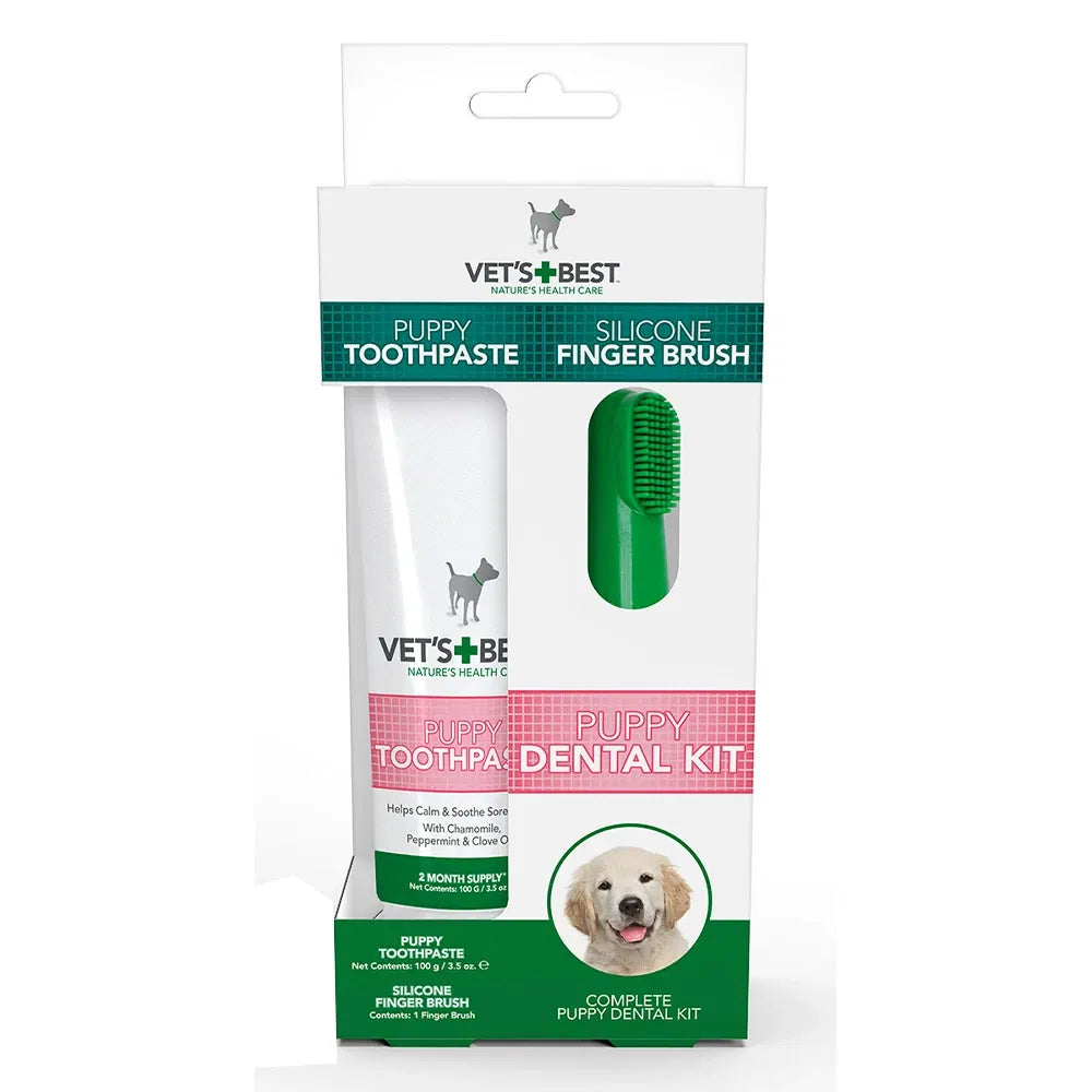 Vet's Best Puppy Dental Kit packaging with toothpaste and brush on a white background at Pet Servo