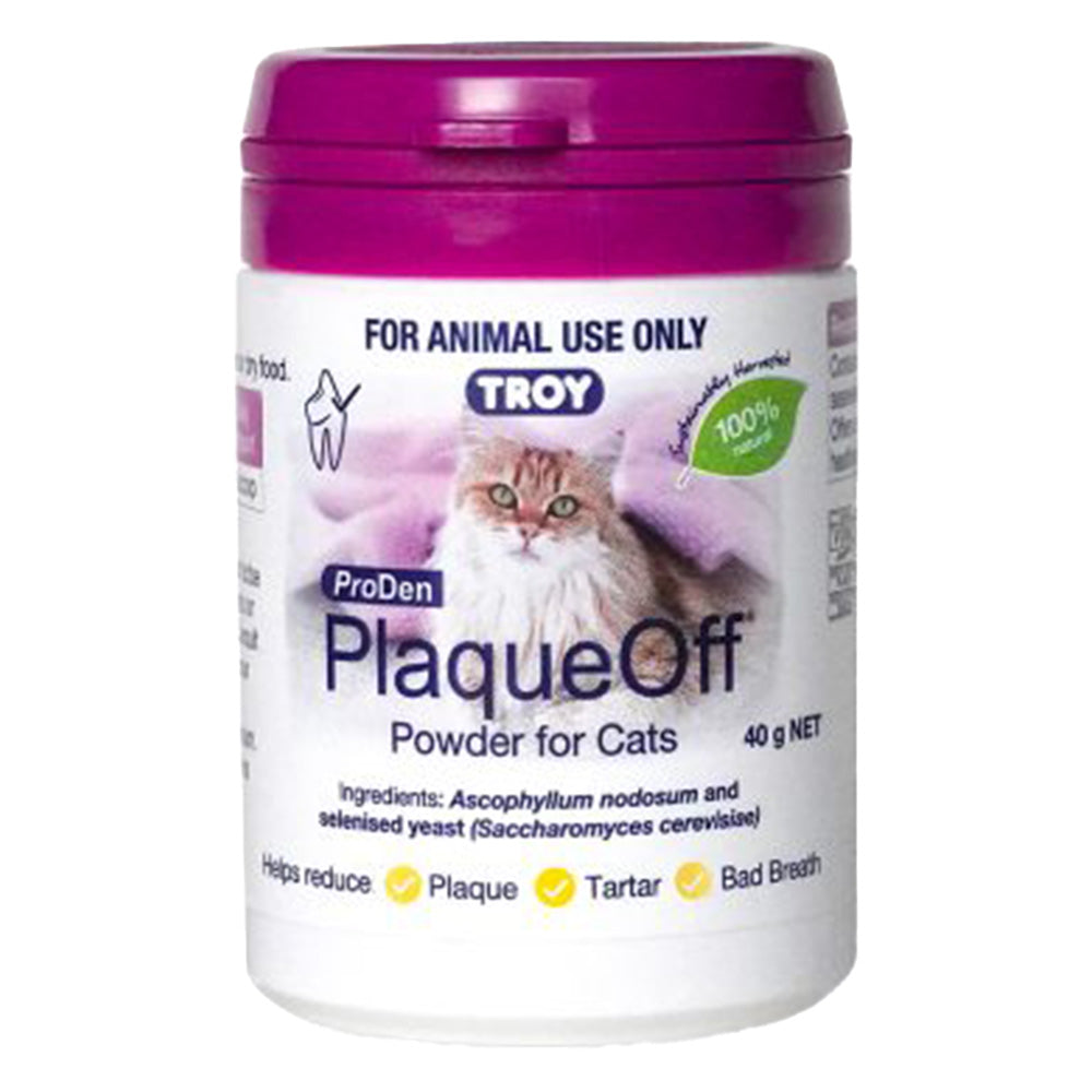Troy ProDen PlaqueOff Powder for Cats container on a white background at Pet Servo