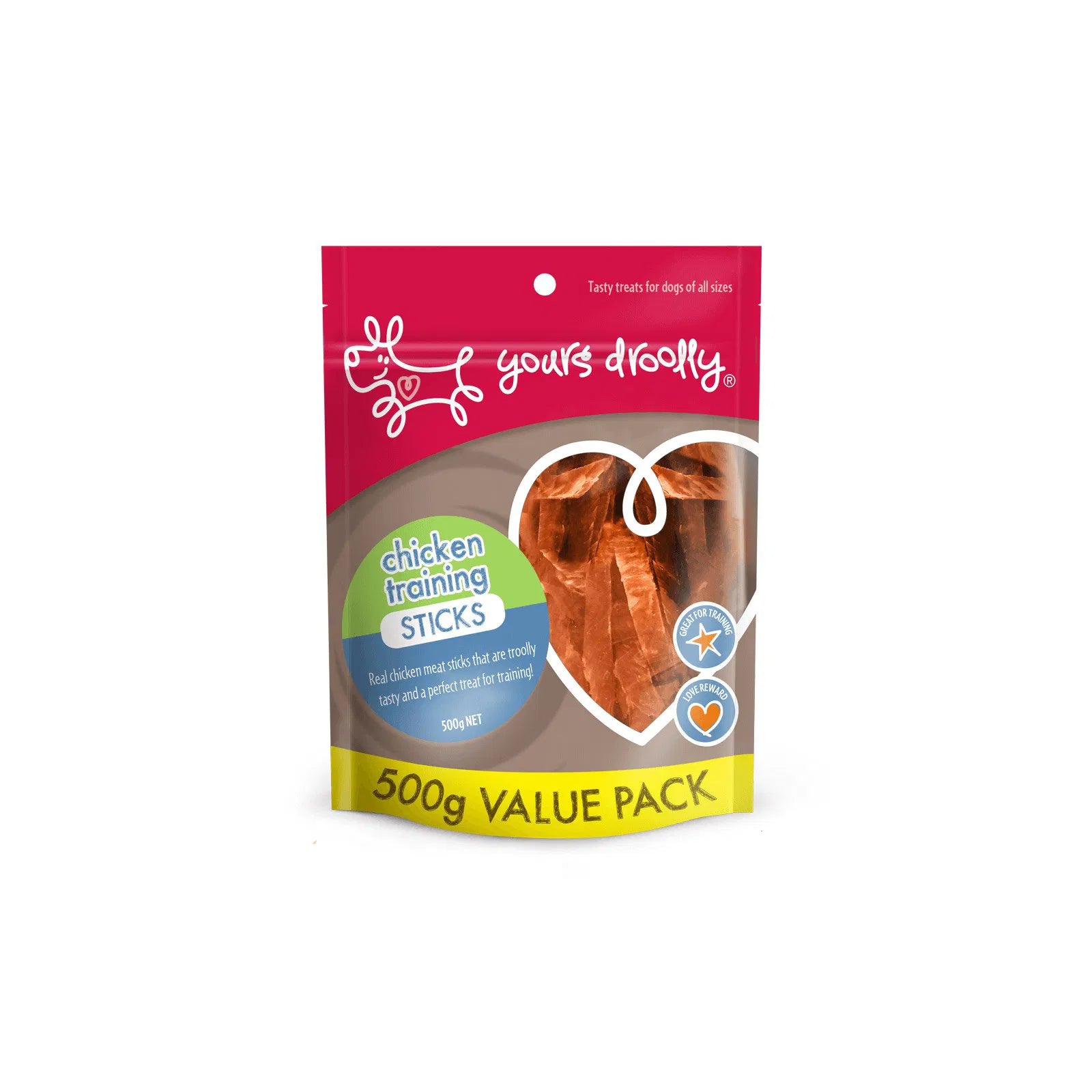 Package of Yours Droolly chicken training sticks on a white background at Pet Servo