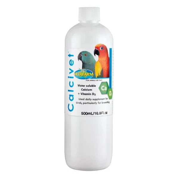 White bottle of CalciVet supplement 500 ml for birds on a white background  at Pet Servo