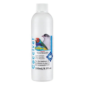 White bottle of Coccivet with a label featuring a bird on a white background
