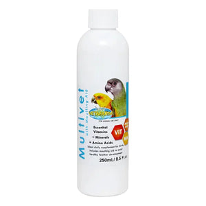 White bottle of PetAg Multivef with a parrot illustration on a white background at Pet Servo