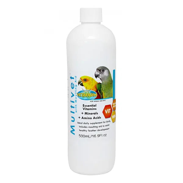 Bottle of Vetafarm Multivit for birds with a parrot illustration on a white background at Pet Servo