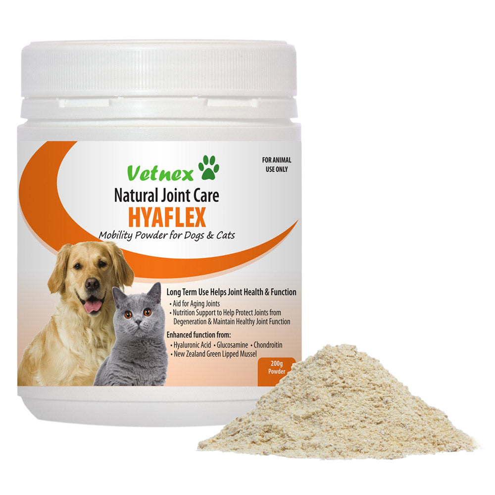 Vetnex Hyaflex Natural Joint Care powder for dogs and cats with a white container and light brown powder at Pet Servo