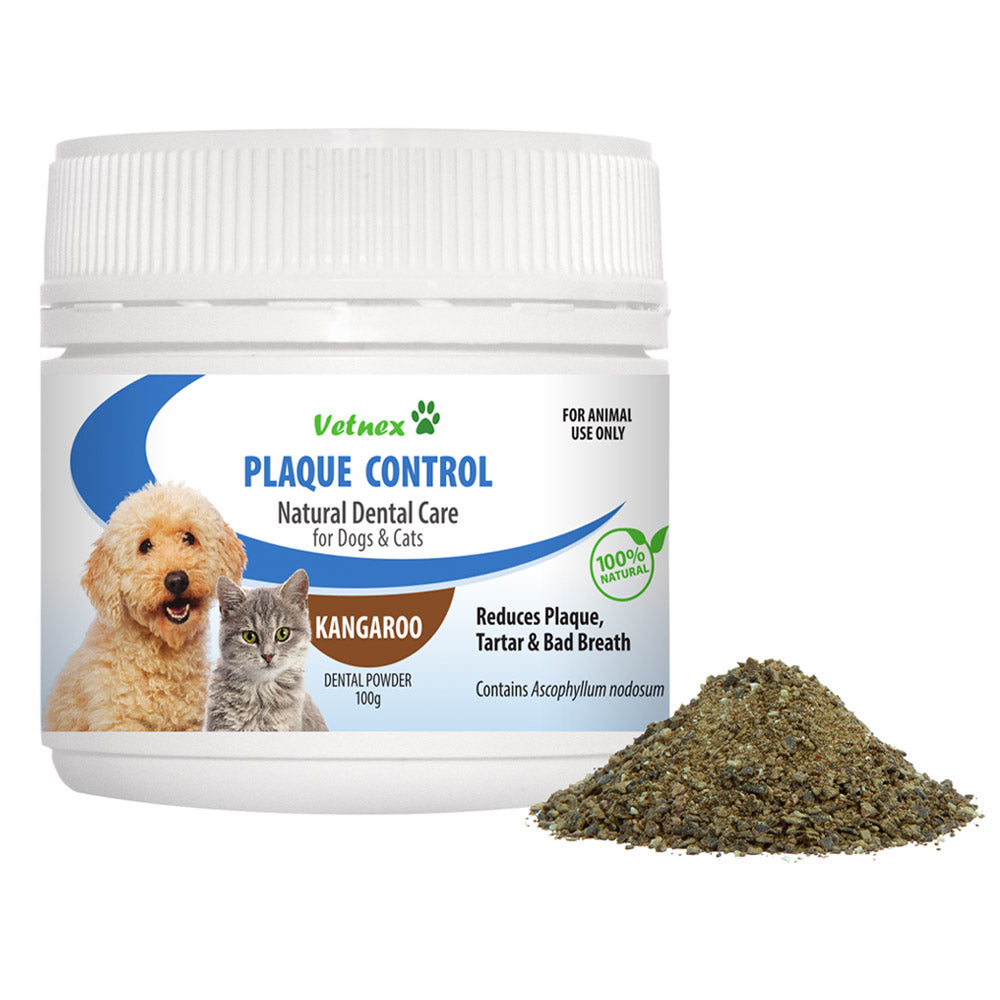A white plastic jar of Vetnex Plaque Control dental powder for dogs and cats, shown next to a small pile of the green-brown herbal powder on a white background.