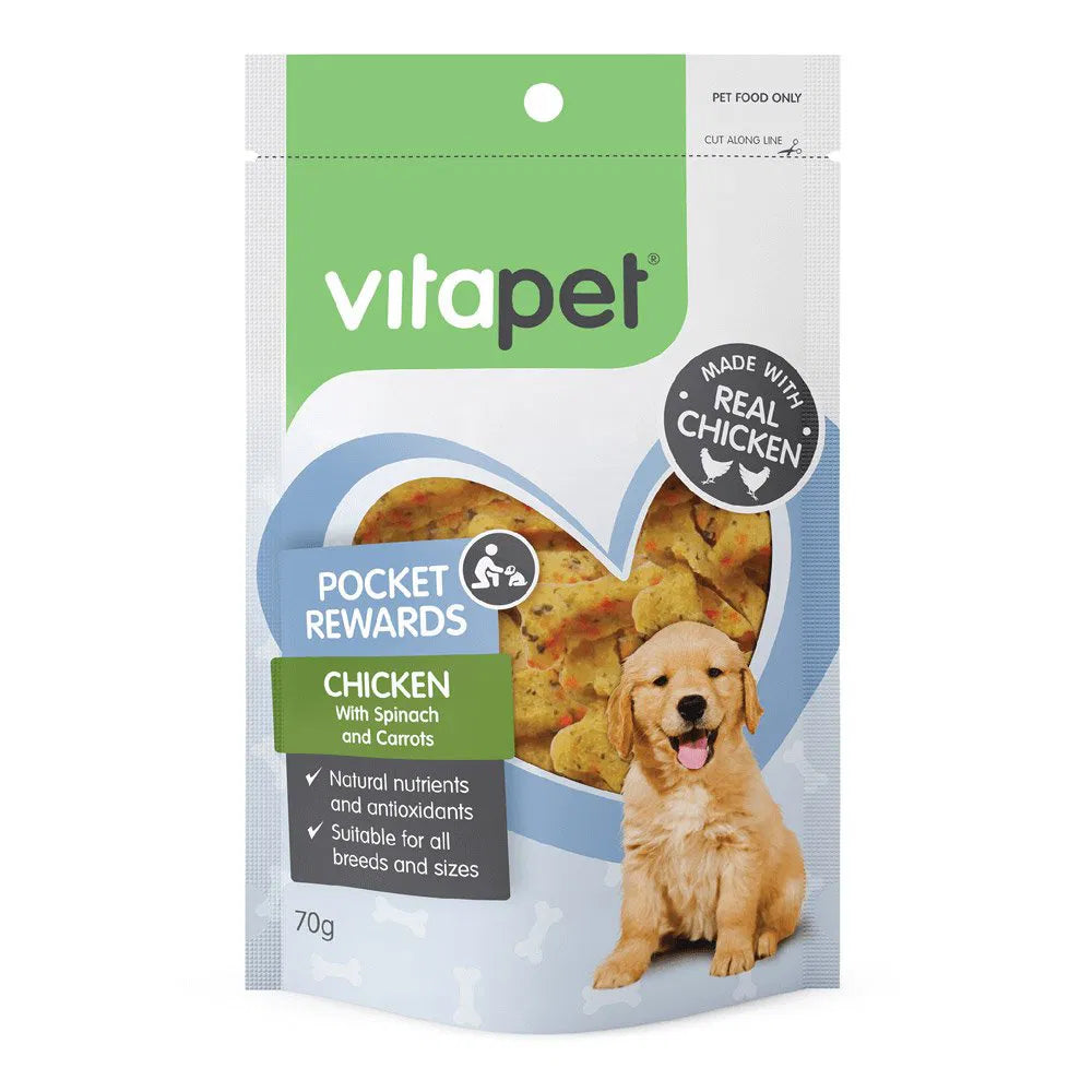 Vitapet Pocket Rewards Chicken with Spinach and Carrots dog treat package on a white background at Petservo.