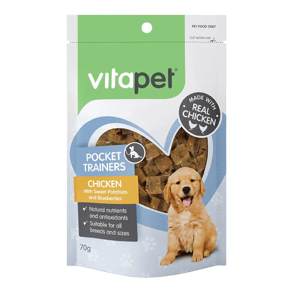 Vitapet Pocket Trainers dog treat package with a puppy on a white background at Pet Servo.