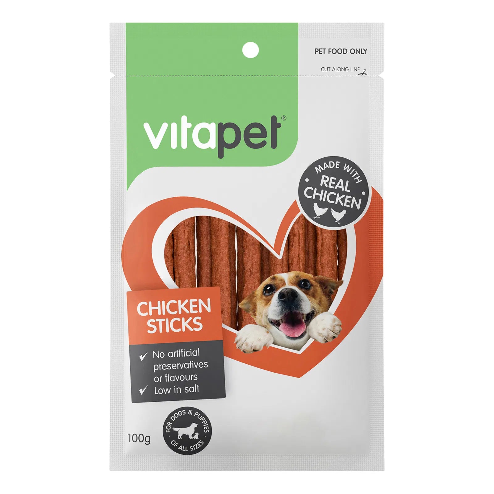 Vitapet Chicken Sticks packaging for dogs on a white background at Pet Servo.