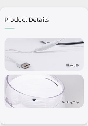 Product details of a white electronic device with micro USB and drinking tray features on a white background at Pet Servo