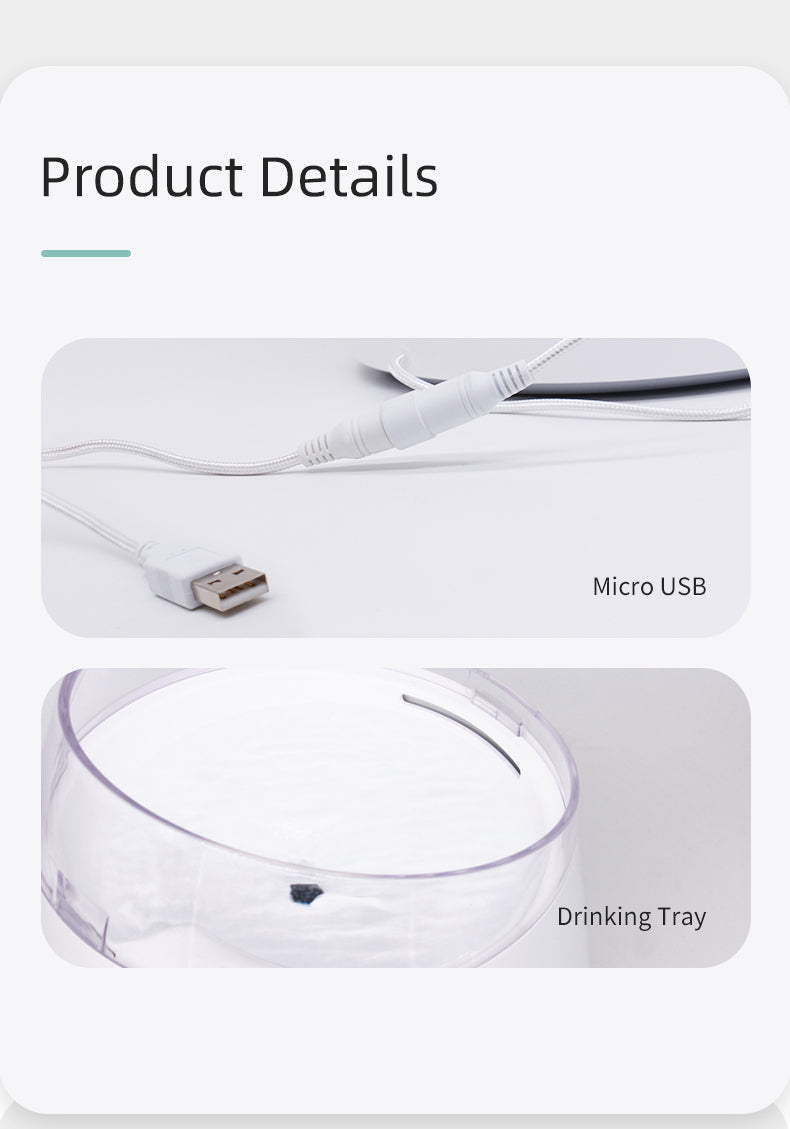 Product details of a white electronic device with micro USB and drinking tray features on a white background at Pet Servo