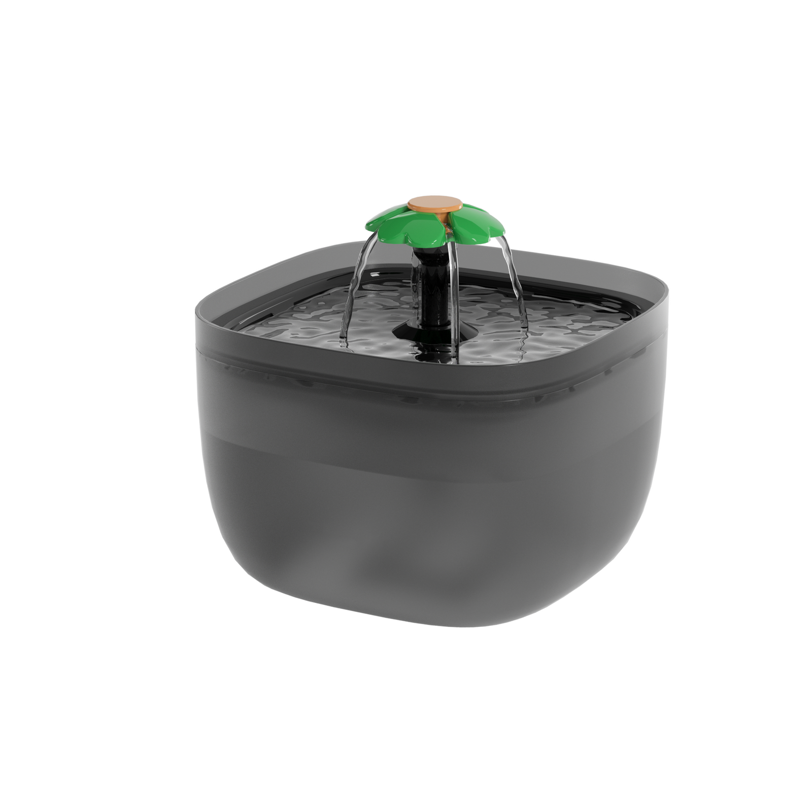 Black pet water fountain with a flower-shaped top on a white background at Pet Servo