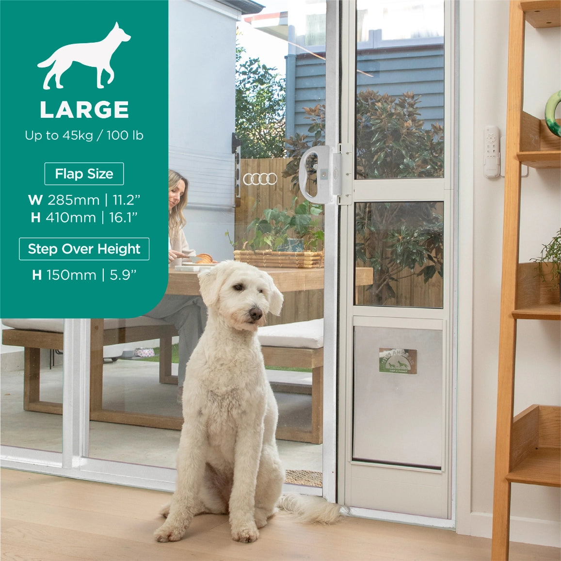 A large white dog sits in front of a glass sliding patio door with a pet flap installed, showing a home interior and outdoor backyard. A teal informational panel on the left reads 'LARGE' with flap size measurements at Pet Servo