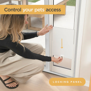A woman crouches beside a sliding glass door, demonstrating how to lock the pet access panel. The image includes text overlays reading 'Control your pets access' and 'LOCKING PANEL' with a yellow arrow pointing to the lock mechanism at Pet Servo