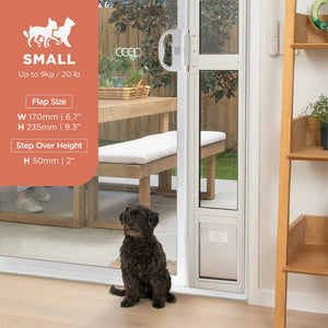 Dog sitting on a step next to a glass door with pet door, outdoor furniture visible at Pet Servo