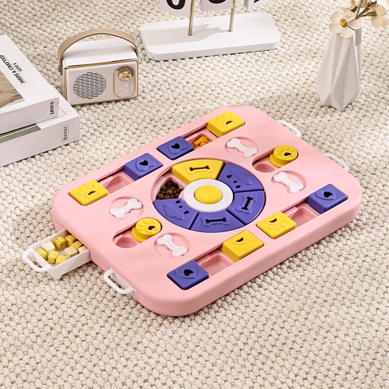 Pink puzzle toy for pets on a carpeted floor with a radio and books in the background at Pet Servo