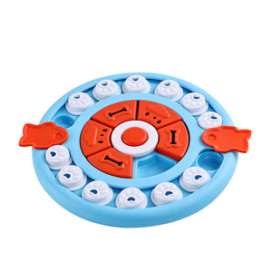 Colorful circular puzzle toy with red fish-shaped pieces on a white background at Pet Servo 