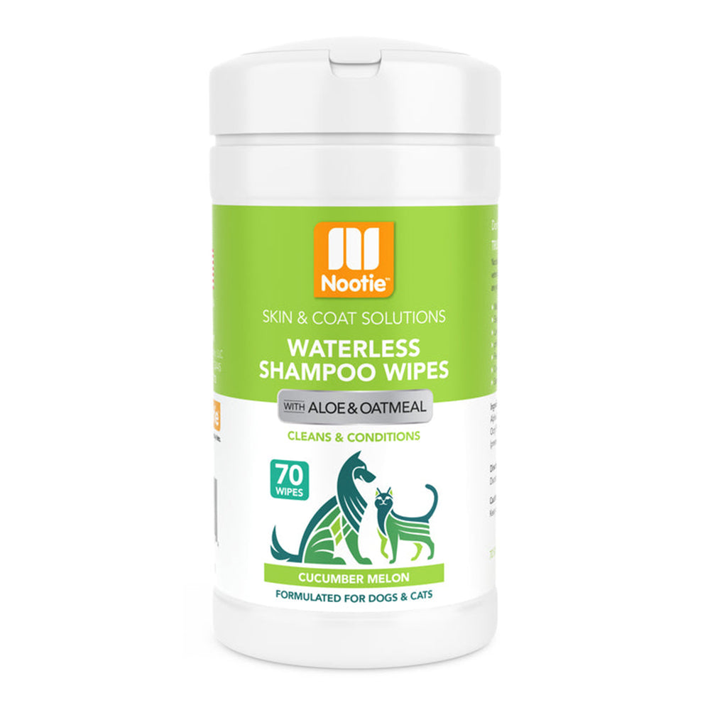 Nootie waterless shampoo wipes container with green label on a white background at 