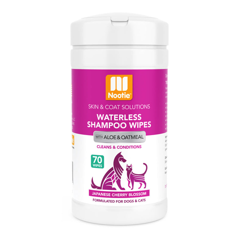 Nootie waterless shampoo wipes container with pink label on a white background at Pet Servo