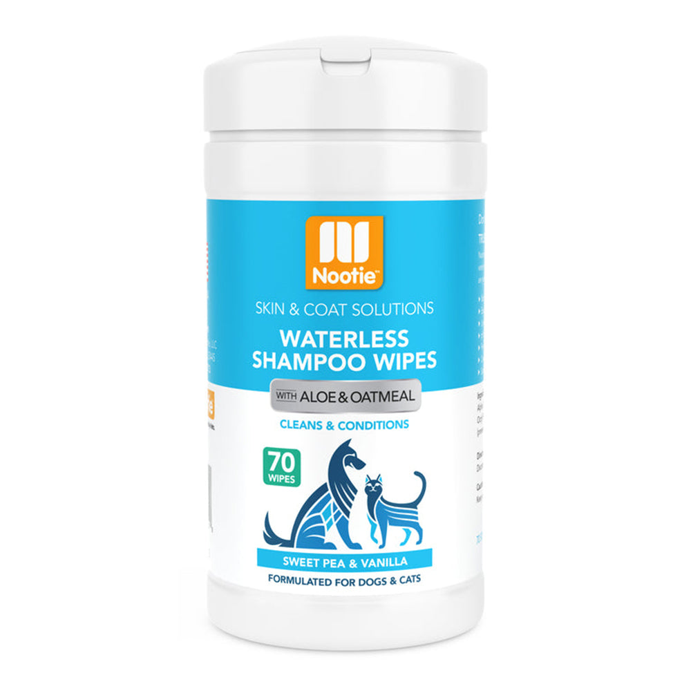 Nootie waterless shampoo wipes container with blue label on a white background at Pet Servo