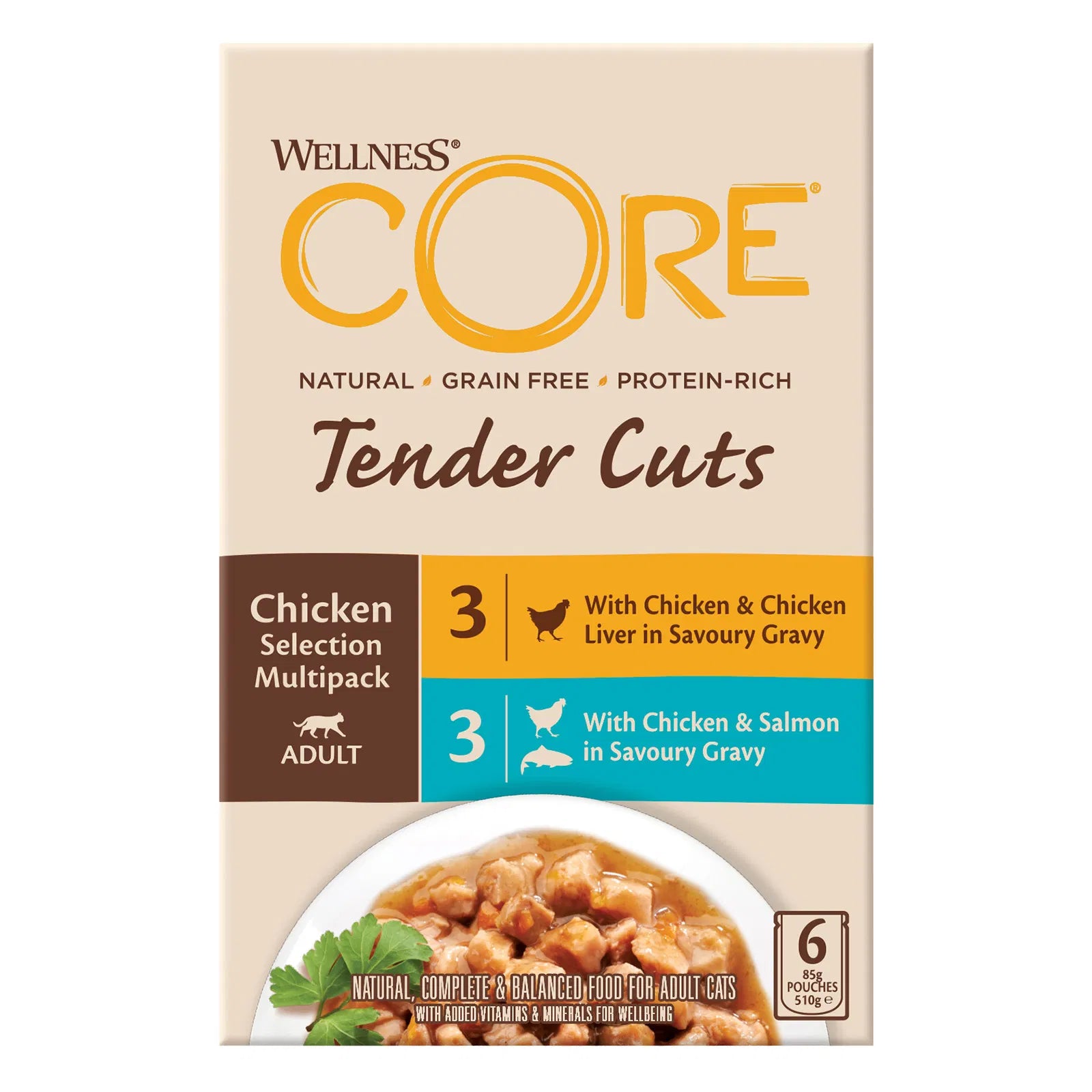 Wellness Core Tender Cuts pet food package on a white background at Pet Servo