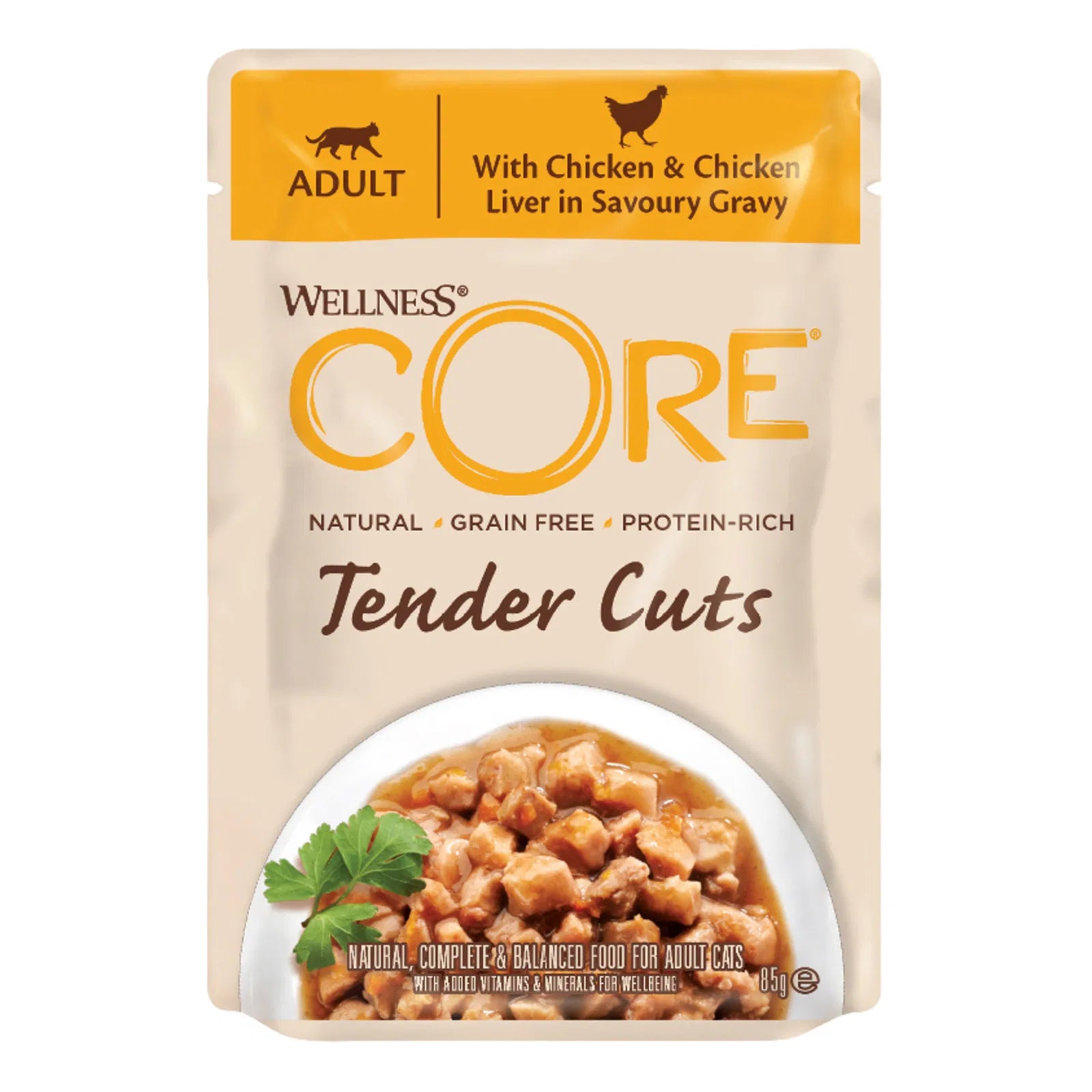 Wellness Core Tender Cuts cat food pouch with chicken and chicken liver in savory gravy on a beige background at Pet Servo