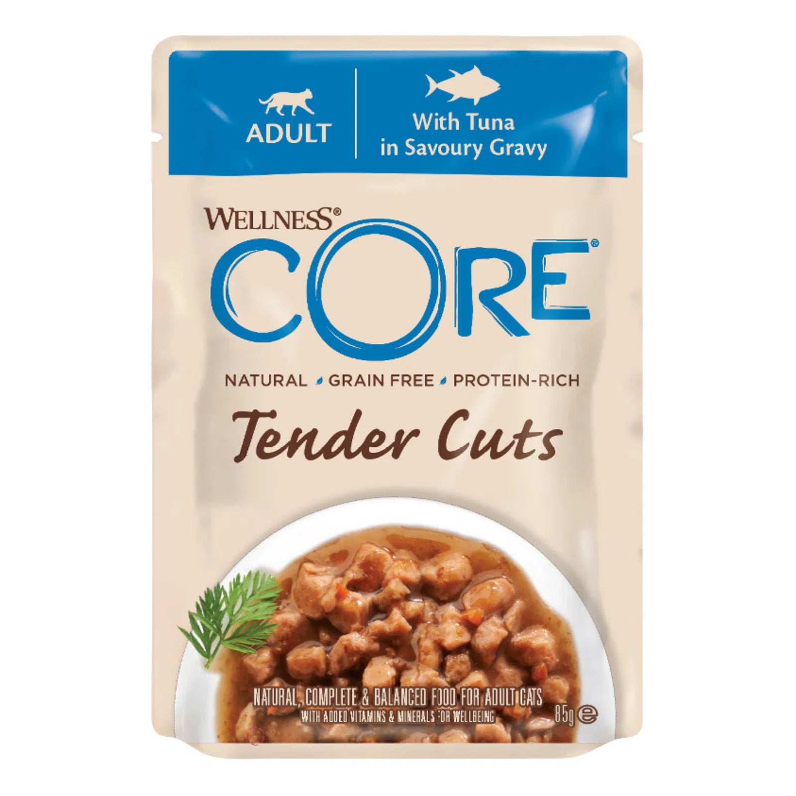 Wellness Core Tender Cuts cat food pouch with tuna in savory gravy on a beige background at Pet Servo