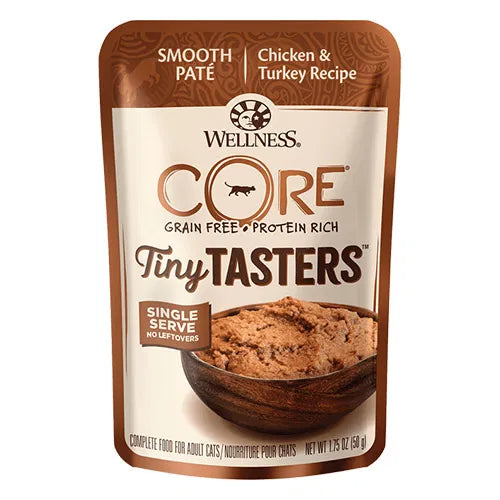 Wellness Core Tiny Tasters cat food pouch on a white background at Pt Servo