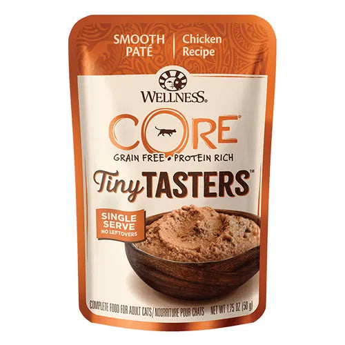 Wellness Core Tiny Tasters cat food pouch on a white background at Pet Servo