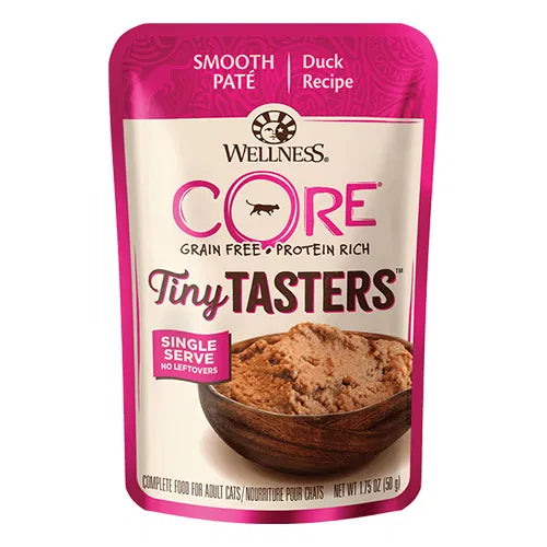 Wellness Core Tiny Tasters cat food pouch with pink and white design at Pet Servo