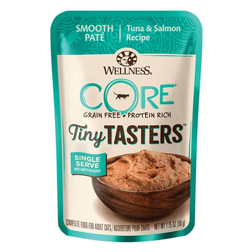 Wellness Core Tiny Tasters grain-free pet food pouch with tuna and salmon recipe on a white background at Pet Servo