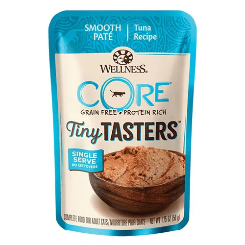 Wellness Core Tiny Tasters grain-free protein-rich tuna recipe cat food pouch on a white background at Pet Servo