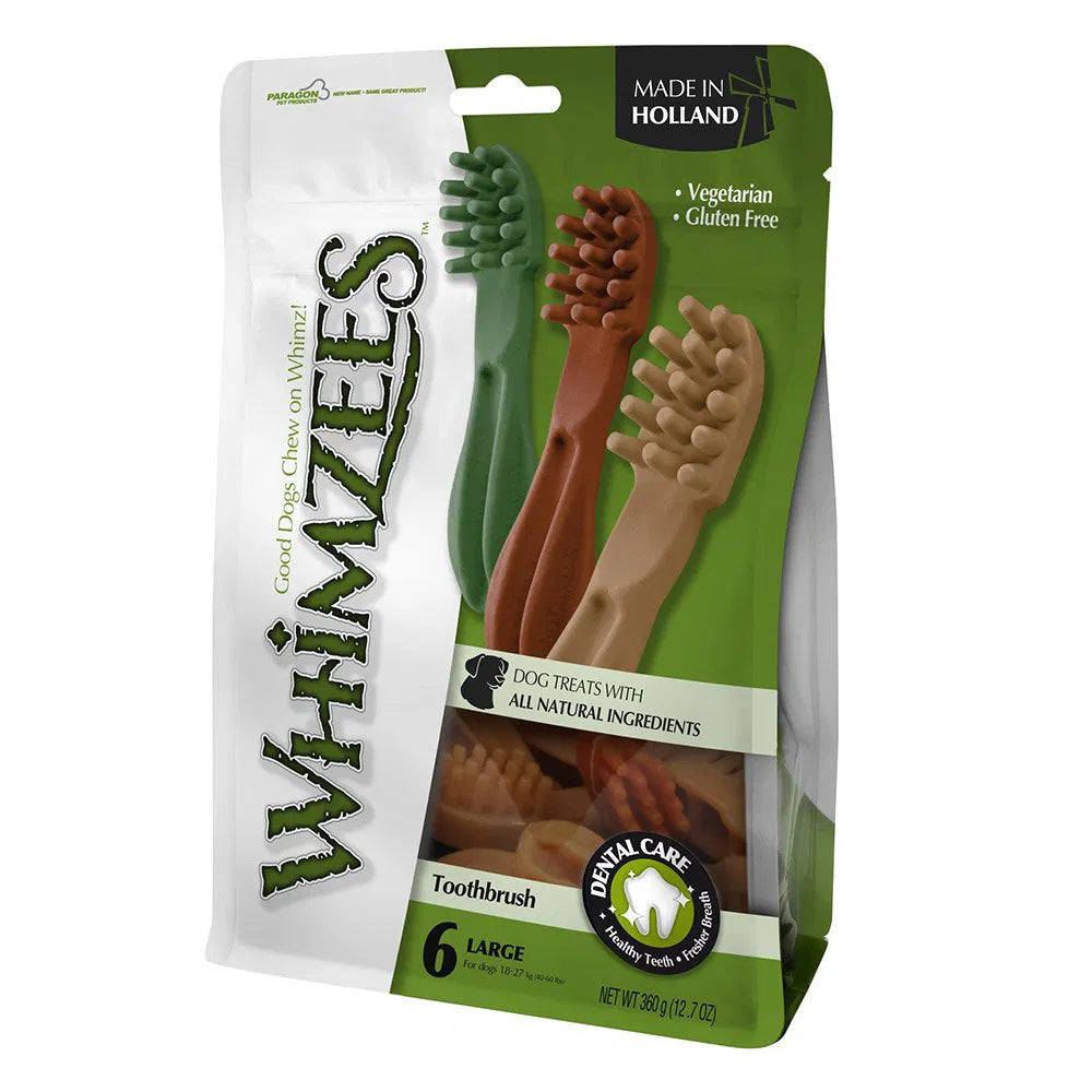 Packaging of WHIMZEES dog toothbrushes with green and brown colors on a white background at Pet Servo