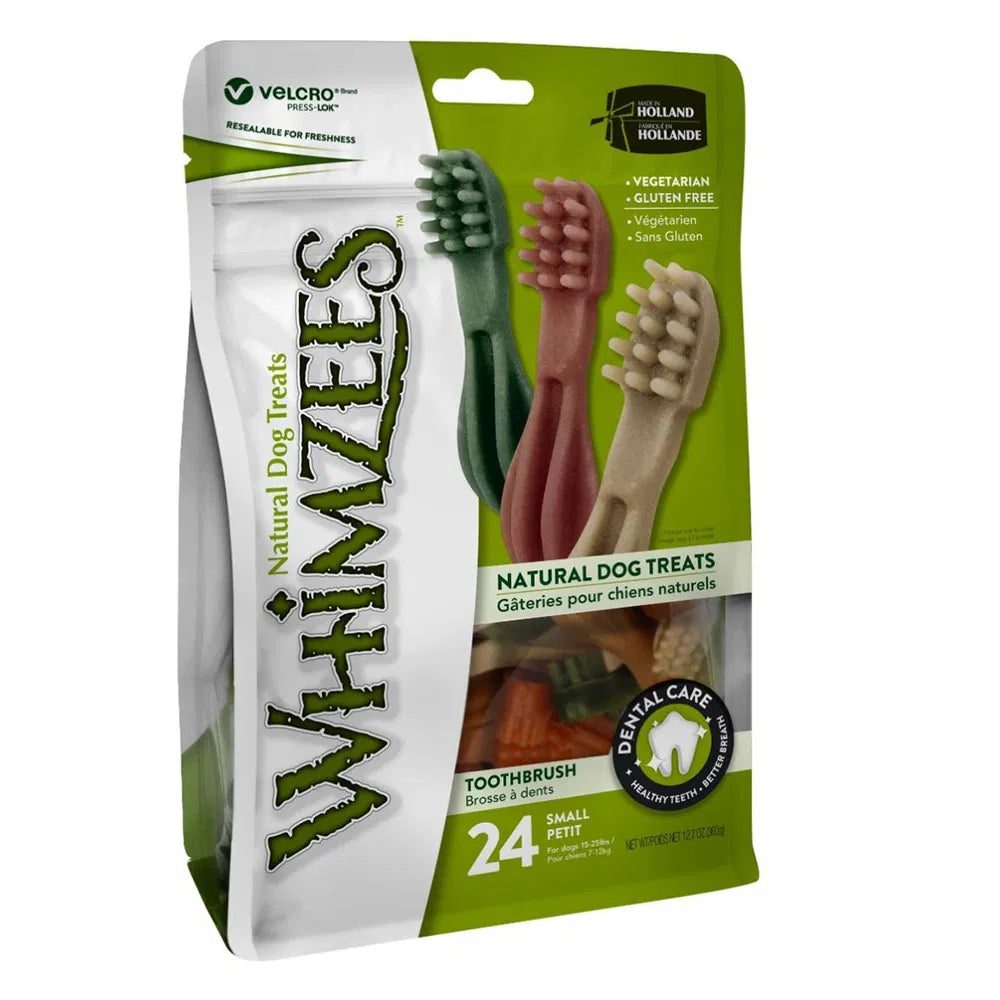 Packaging of Whimzees natural dog treats with toothbrushes on a white background at Pet Servo