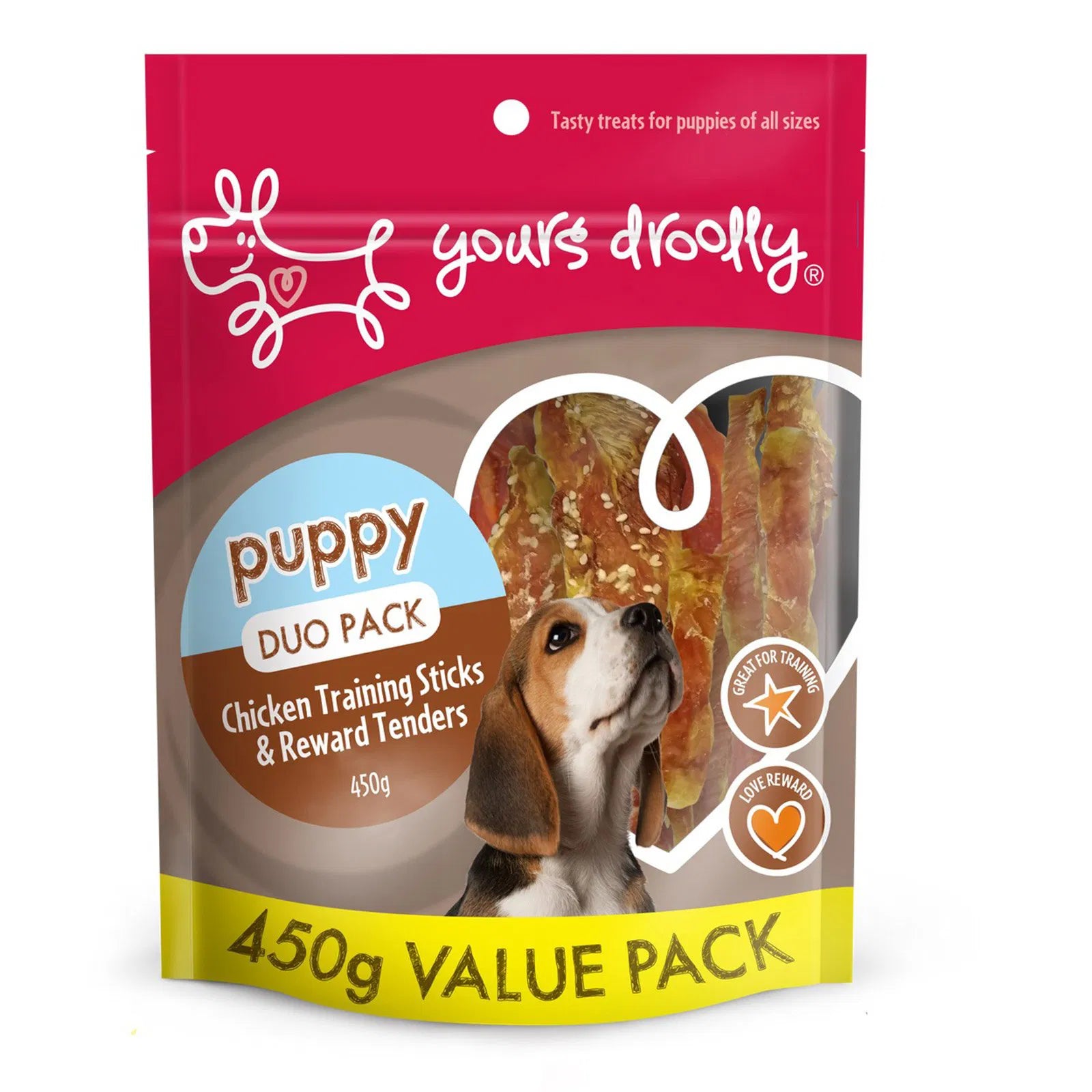 Yours Droolly puppy training sticks and reward tenders package on a white background at Pet Servo