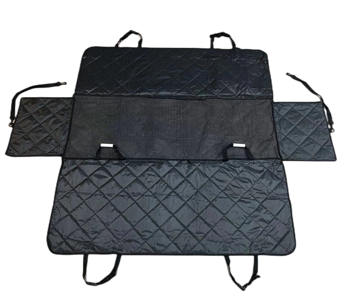 Black car seat cover with quilted pattern on a white background at Pet Servo
