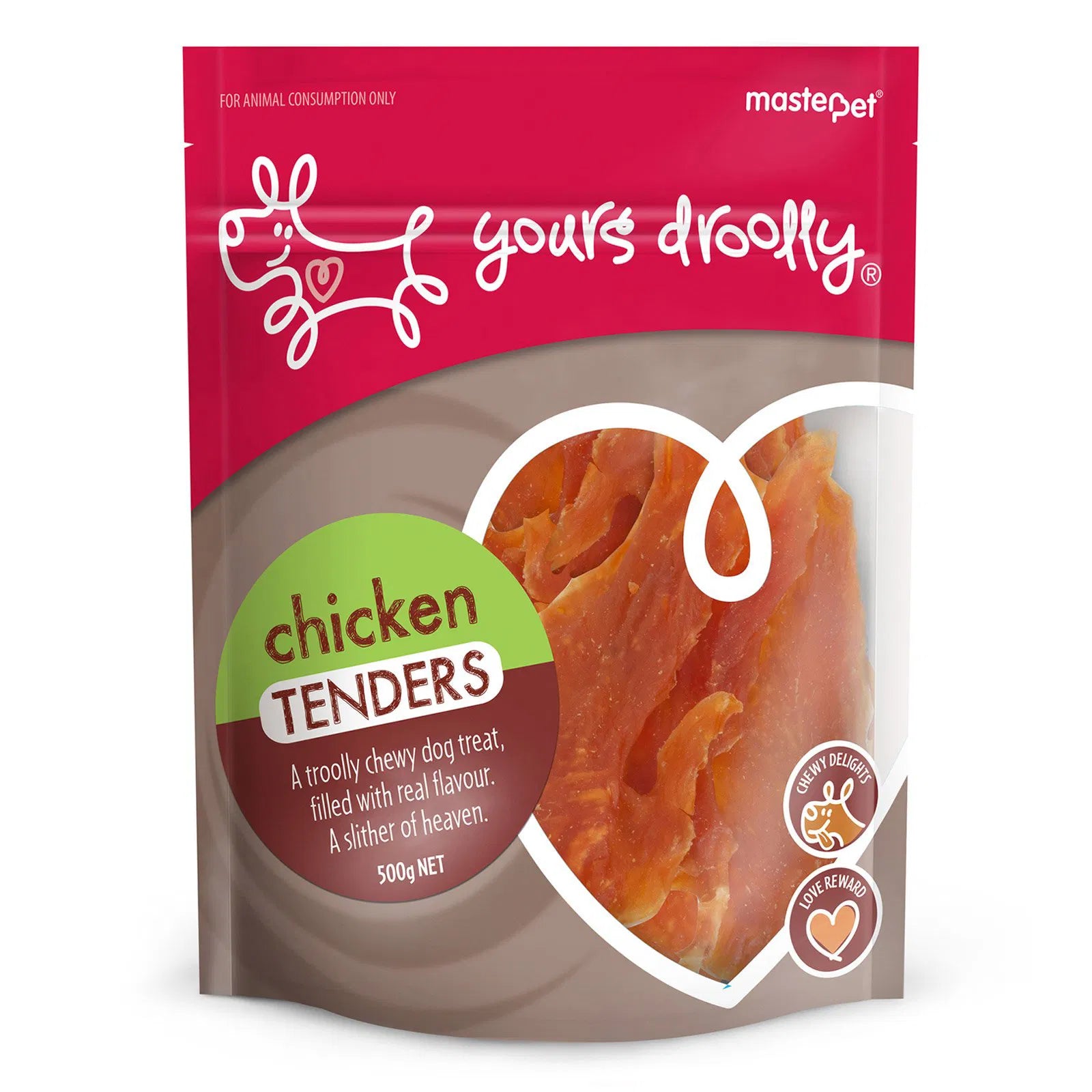 Package of 'yours droolly' chicken tenders dog treat with red and brown design at Pet Servo