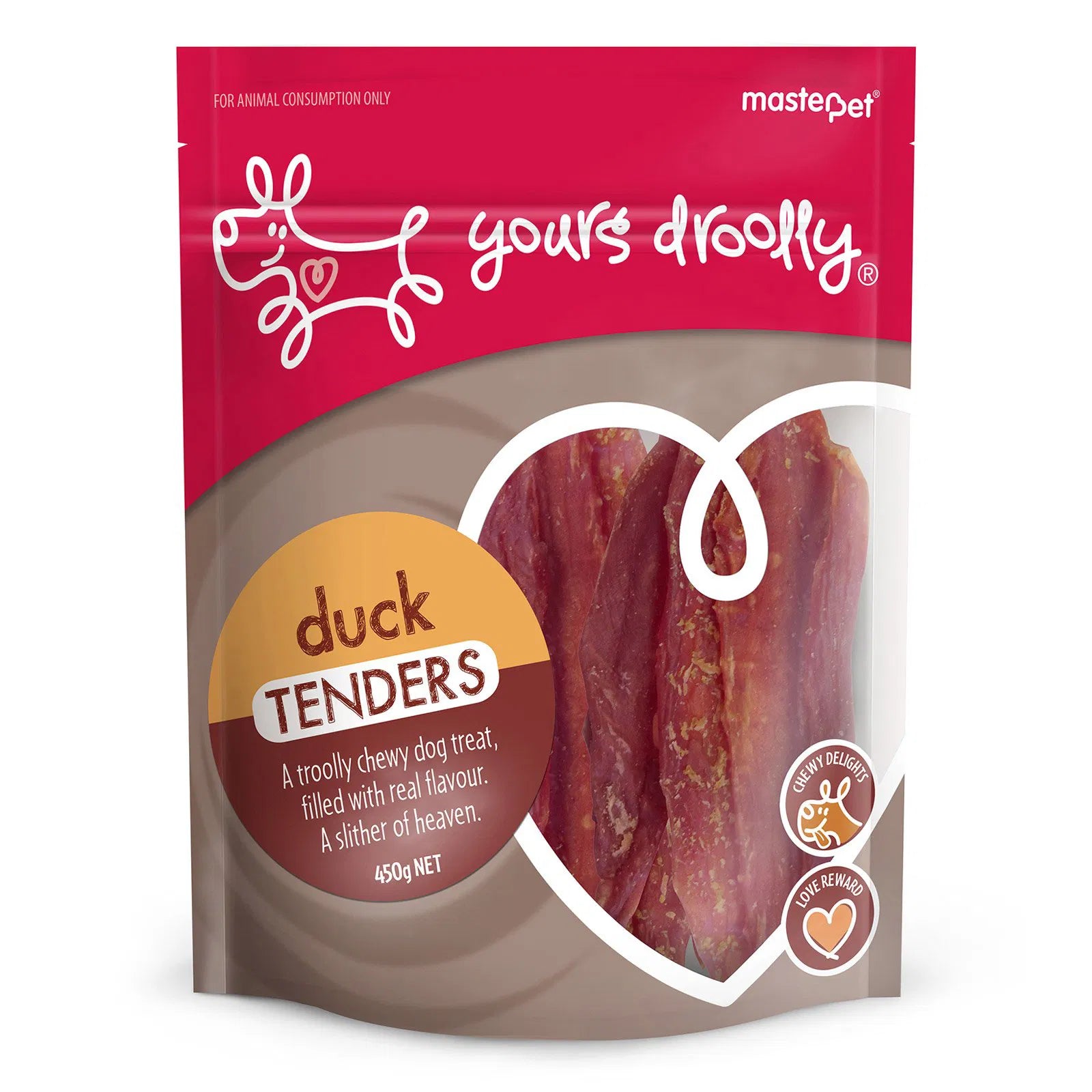 Package of 'yours droolly' duck tenders dog treat with red and brown design at Pet Servo