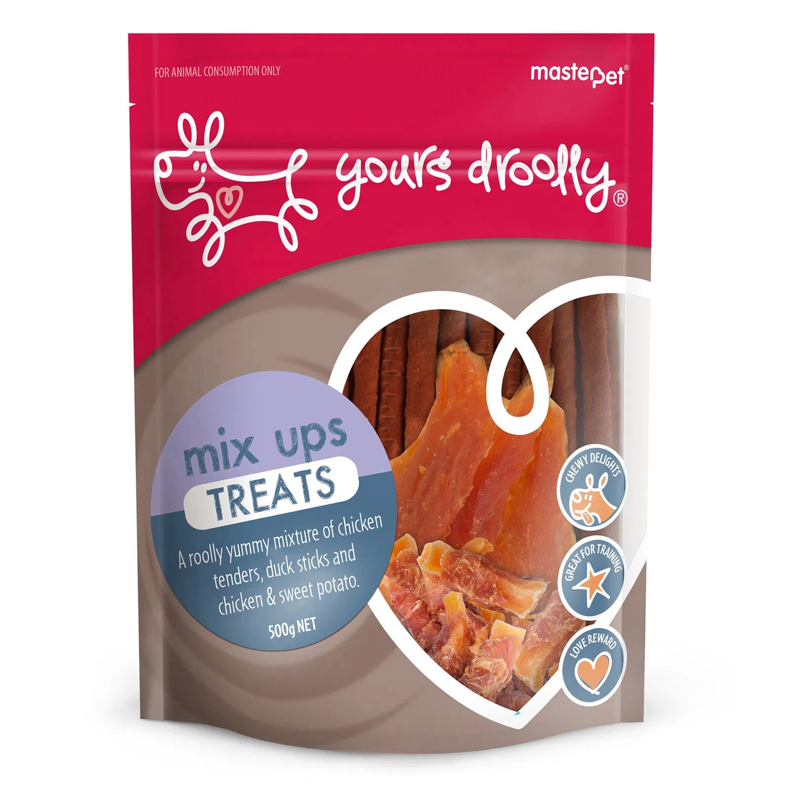 Package of 'yours droolly' mix ups treats with visible chicken pieces on a white background at Pet Servo