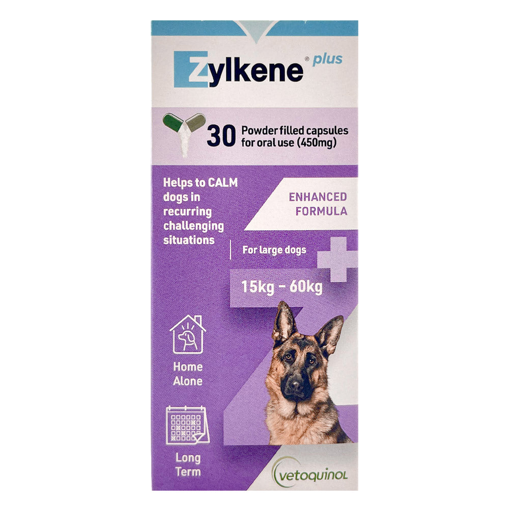 Zylkene Plus packaging for large dogs with a German Shepherd on a white background